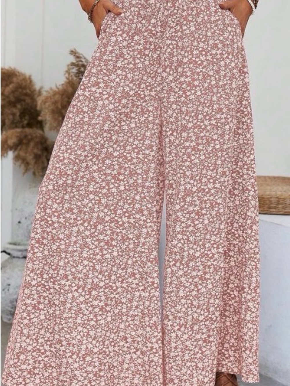 SHEIN 3tier Dusty Rose Floral Wide-Leg Pants